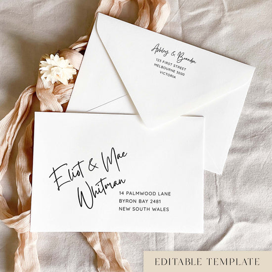 Casual handwriting editable wedding envelope address template in Canva, with black text on a white envelope. The guest names are in relaxed handwritten script with a simple address beneath, and the back flap shows a matching return address, styled with blush pink ribbon and a cream dried flower.