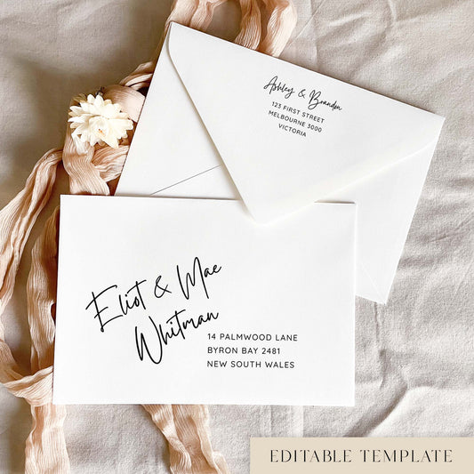 Casual handwriting editable wedding envelope address template in Canva, with black text on a white envelope. The guest names are in relaxed handwritten script with a simple address beneath, and the back flap shows a matching return address, styled with blush pink ribbon and a cream dried flower.