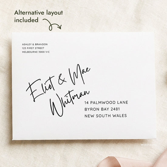 Casual handwriting wedding envelope address template with an alternative layout included. Black text sits on a white envelope, with a minimal return address top left and handwritten guest names above a clean address. This editable DIY template is made for Canva.