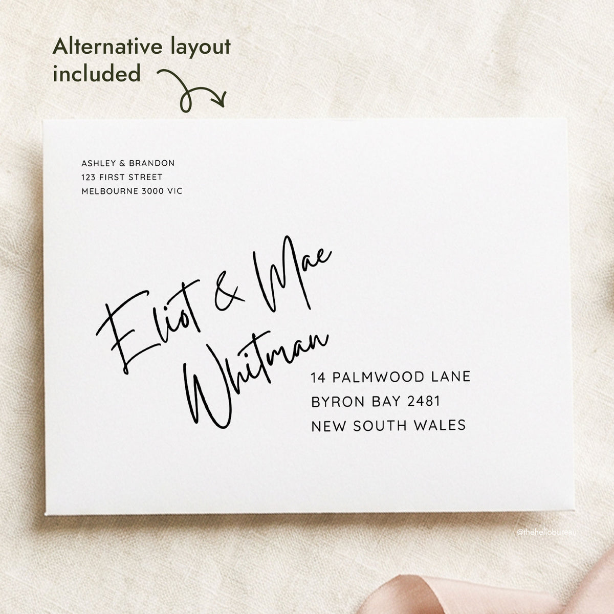 Casual handwriting wedding envelope address template with an alternative layout included. Black text sits on a white envelope, with a minimal return address top left and handwritten guest names above a clean address. This editable DIY template is made for Canva.