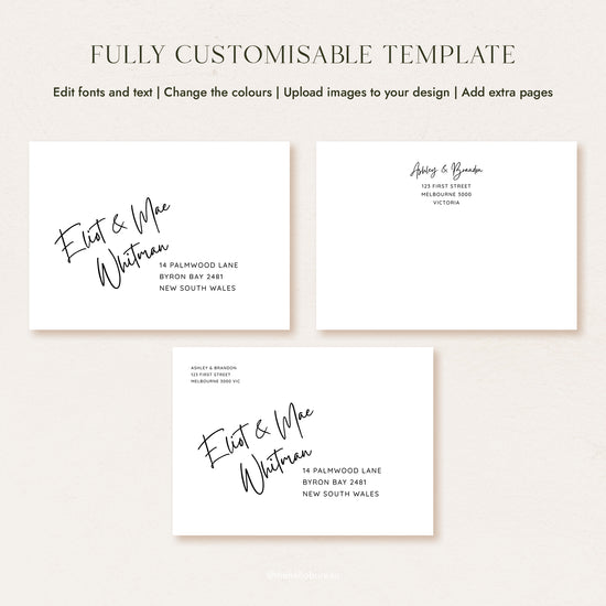 Three casual handwriting editable wedding envelope address template layouts in Canva, showing a front guest address, a return address and a combined version. Black text sits on white, ready for you to edit fonts, change colours and print for a DIY finish.