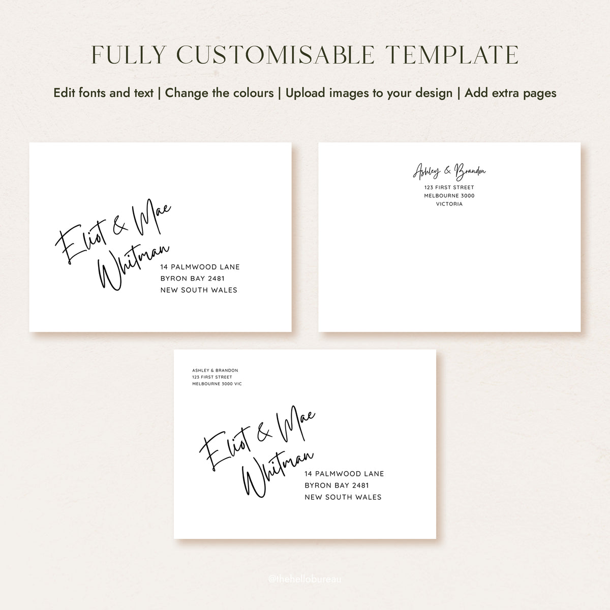 Three casual handwriting editable wedding envelope address template layouts in Canva, showing a front guest address, a return address and a combined version. Black text sits on white, ready for you to edit fonts, change colours and print for a DIY finish.