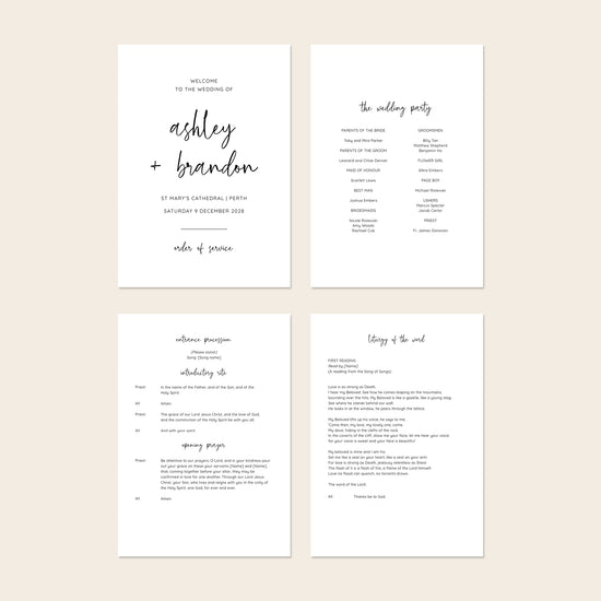 Four A5 church wedding ceremony booklet pages shown together, including the cover and interior layouts.