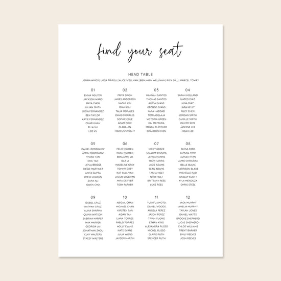 Wedding seating chart template design on a beige background.