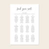 Wedding seating chart template design on a beige background.
