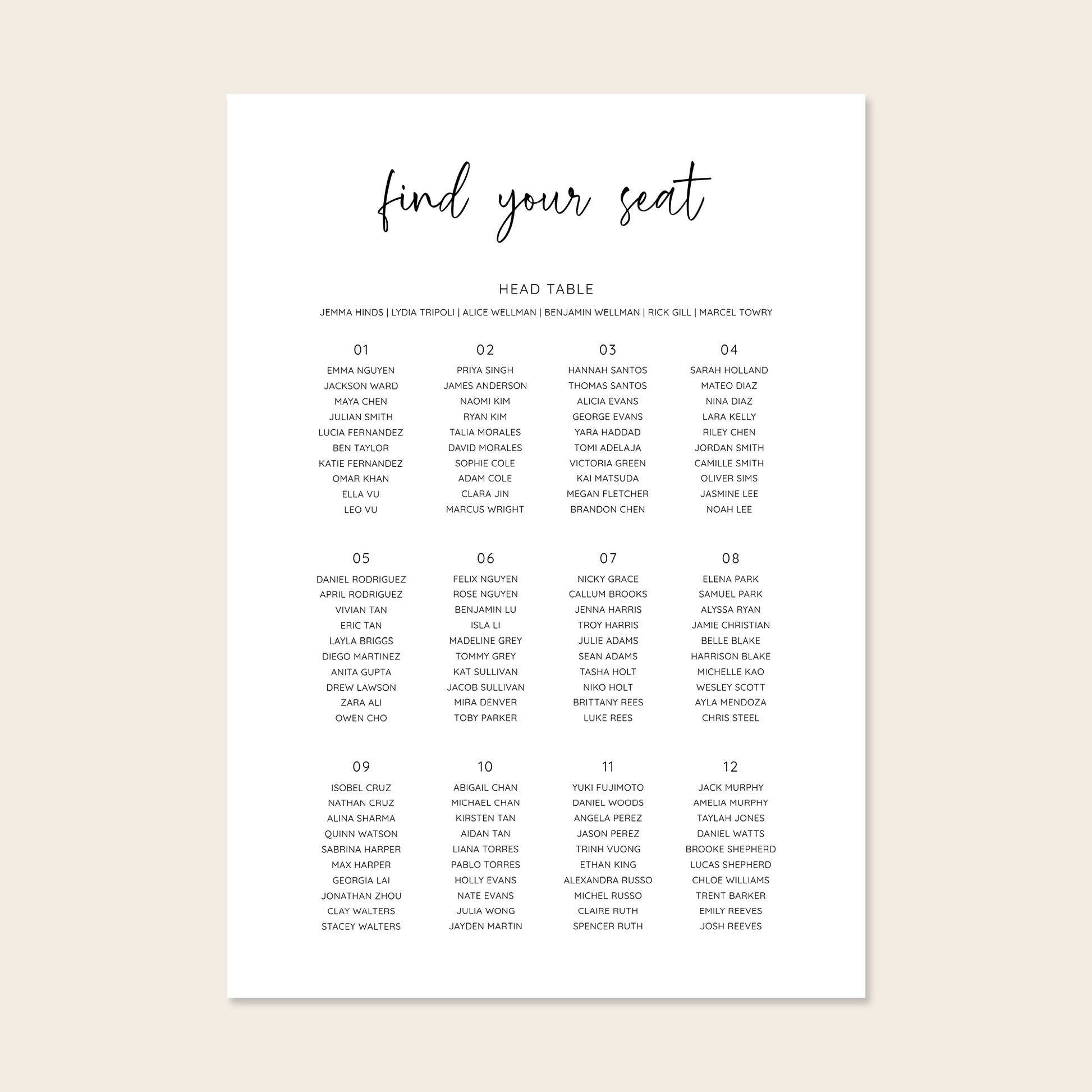 Wedding seating chart template design on a beige background.