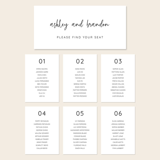 Printable seating chart cards template design with names and title on a beige background.