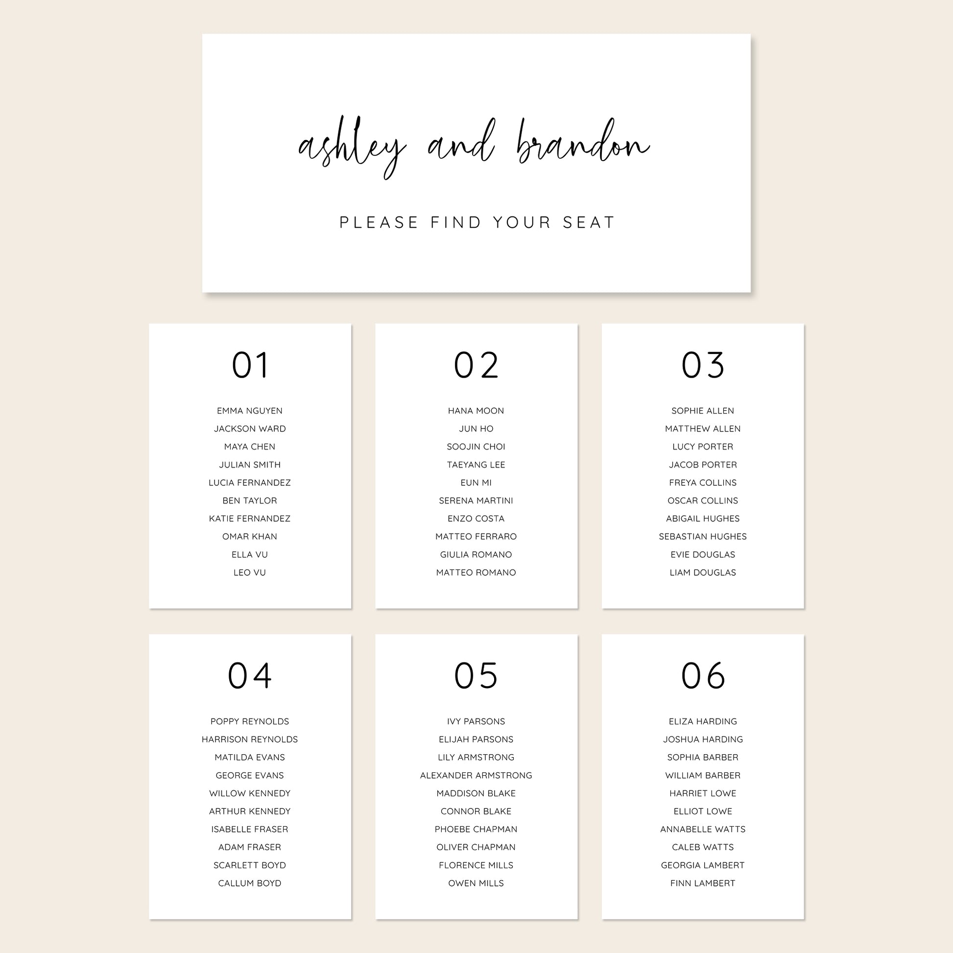 Printable seating chart cards template design with names and title on a beige background.