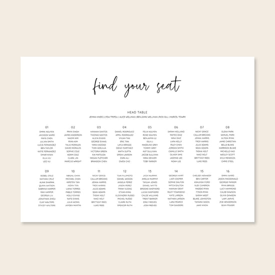 Horizontal wedding seating chart sign template design on a beige background.