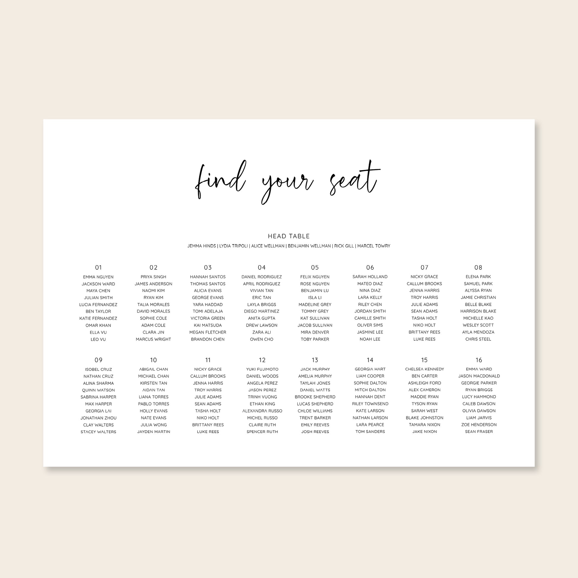 Horizontal wedding seating chart sign template design on a beige background.