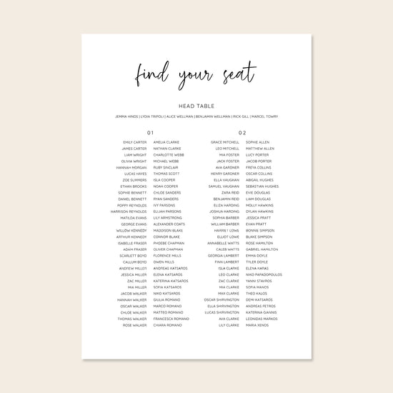 Wedding seating chart template design on a beige background.