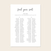 Wedding seating chart template design on a beige background.