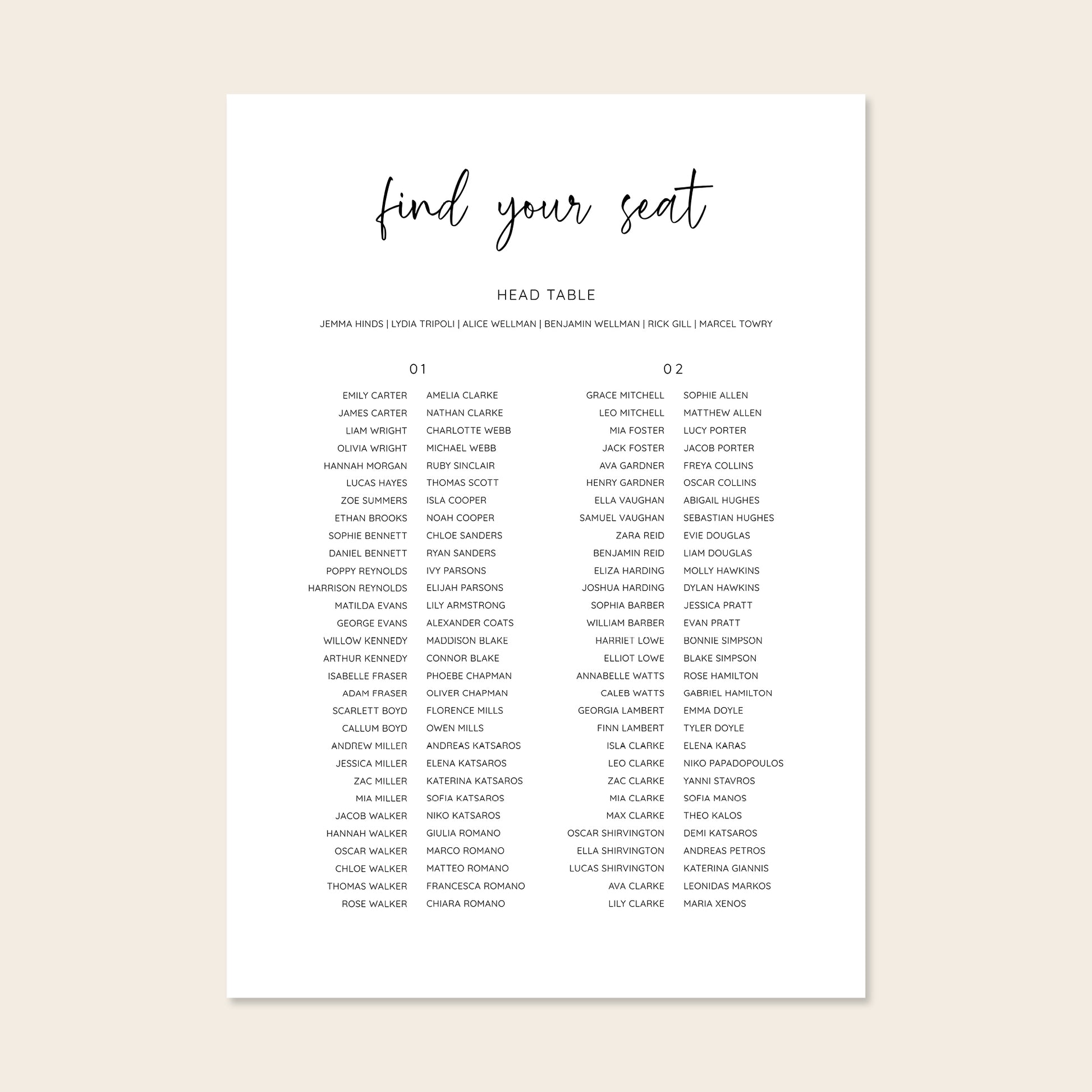 Wedding seating chart template design on a beige background.