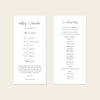 A digital mockup showing the front and back of a DL-sized wedding program template against a plain neutral backdrop.