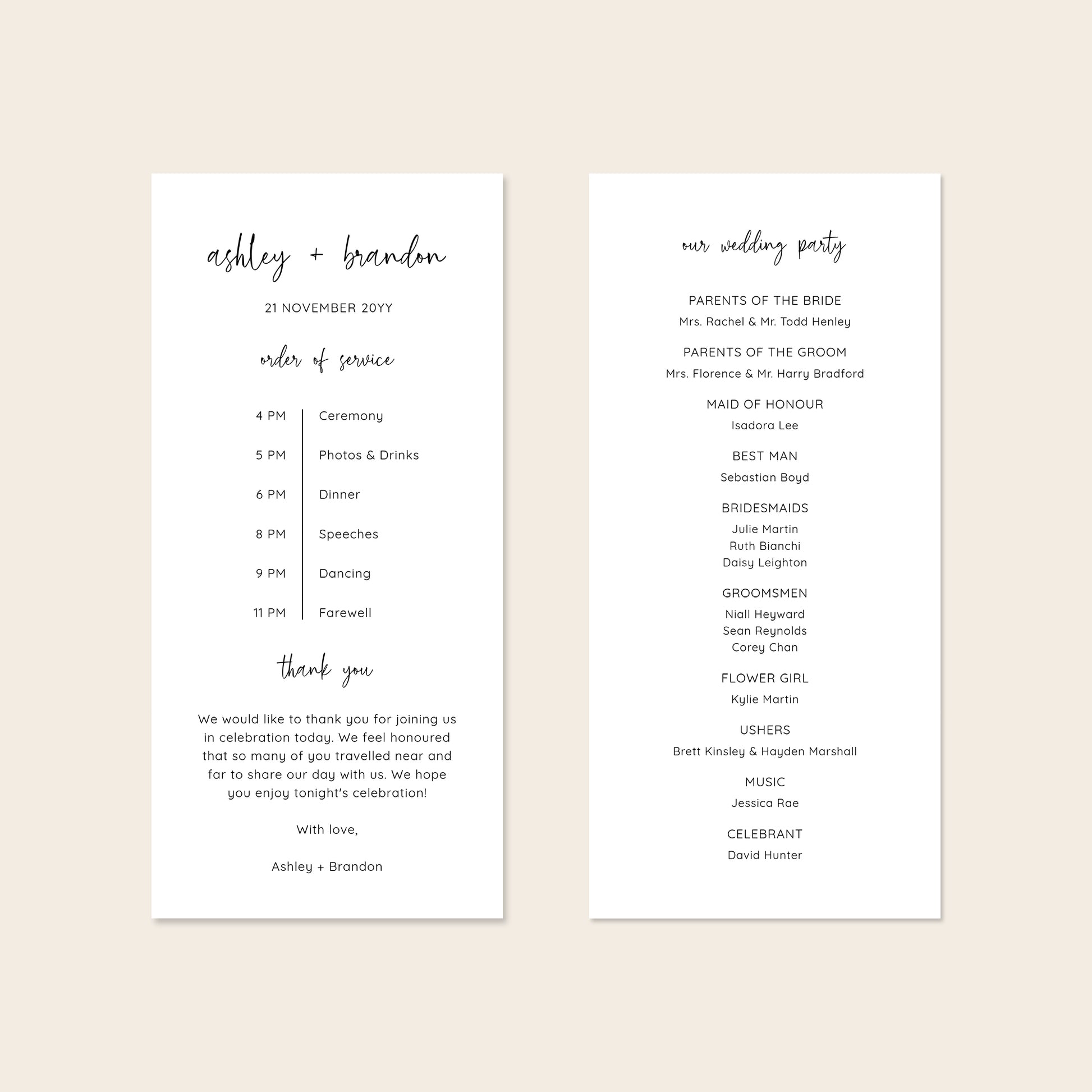 A digital mockup showing the front and back of a DL-sized wedding program template against a plain neutral backdrop.