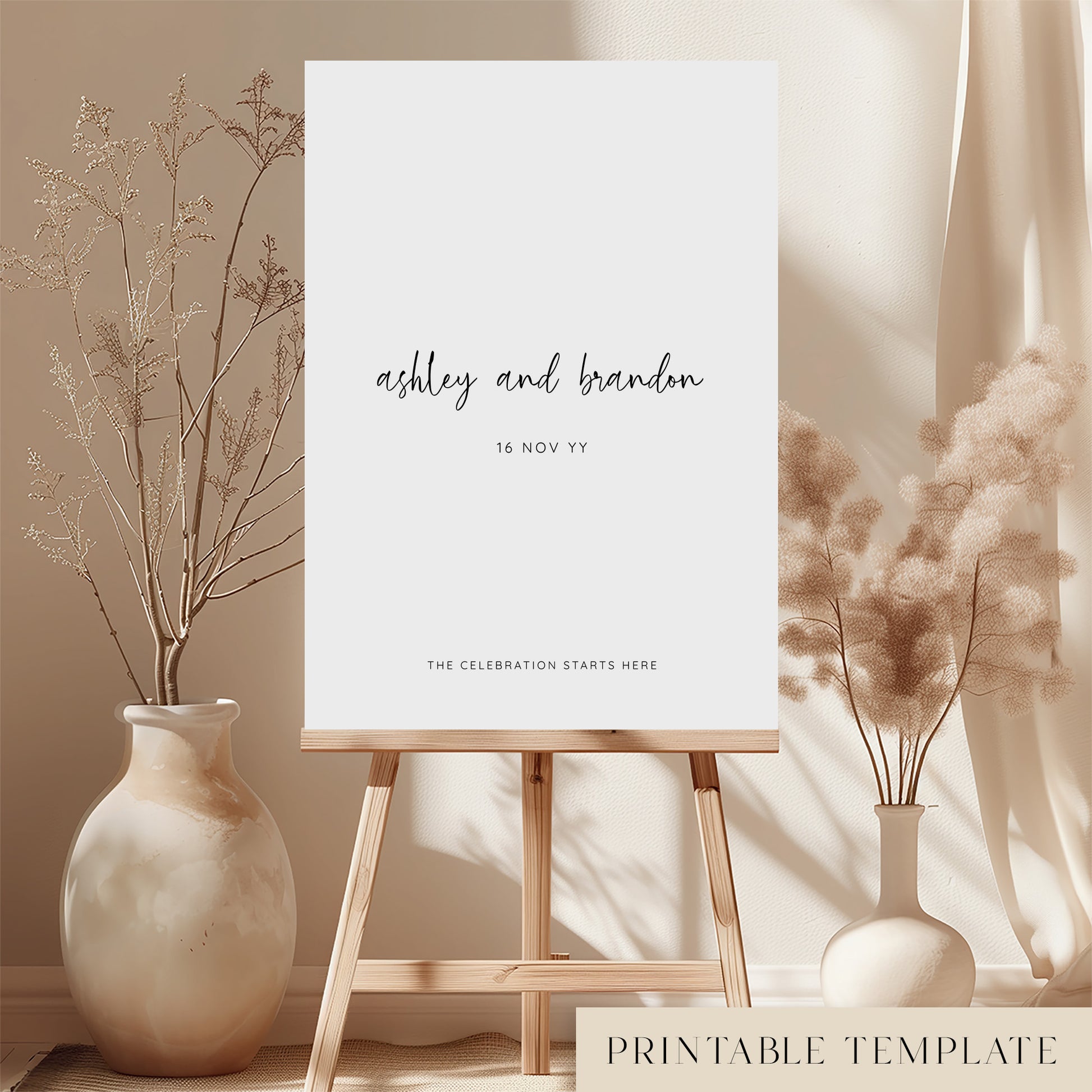 Printable minimal wedding welcome sign on an easel with floral arrangements in a room setting.