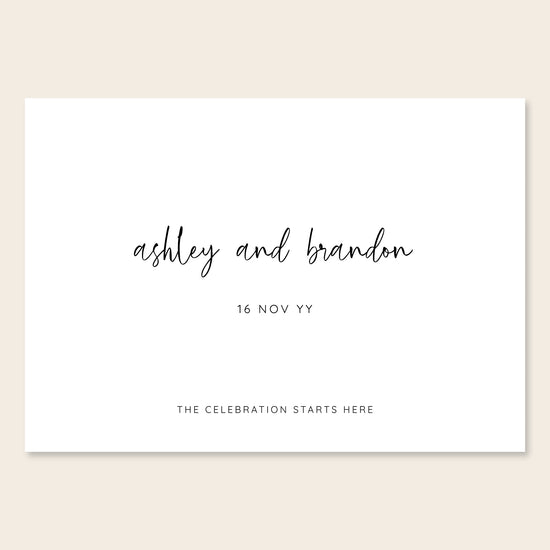 Horizontal wedding welcome sign template design on a beige background.