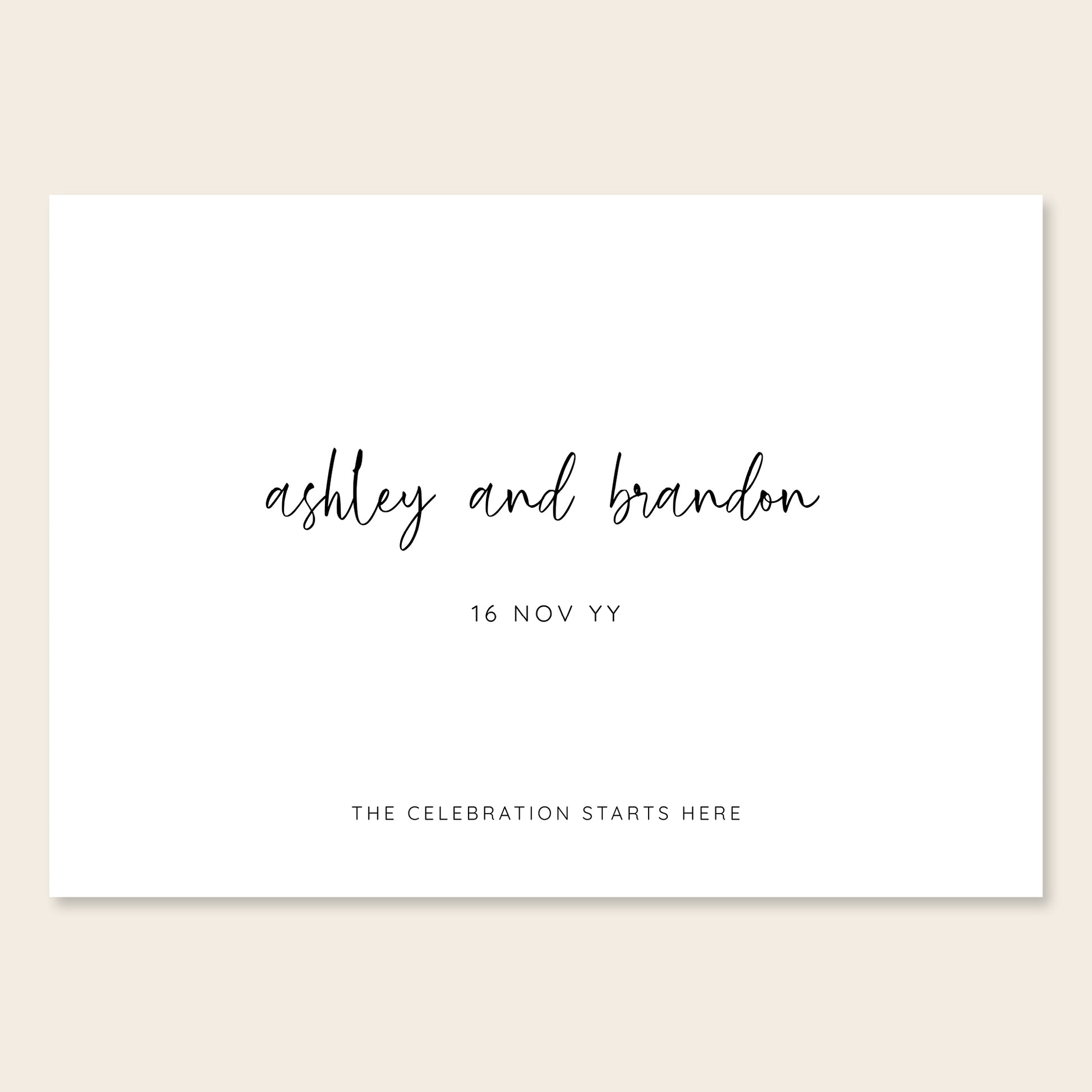 Horizontal wedding welcome sign template design on a beige background.
