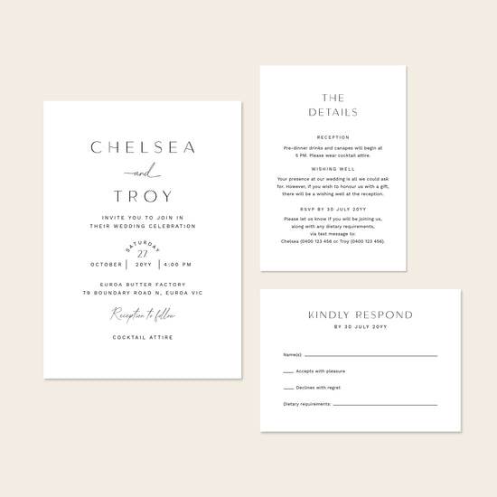 Wedding invitation template set with details and rsvp on a beige background.