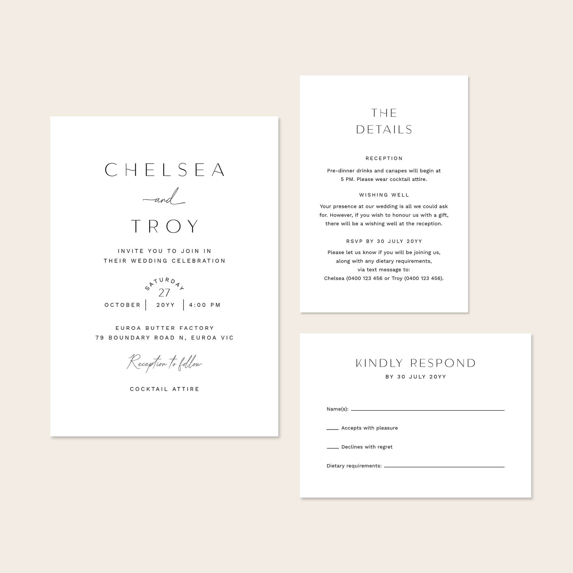 Wedding invitation template set with details and rsvp on a beige background.