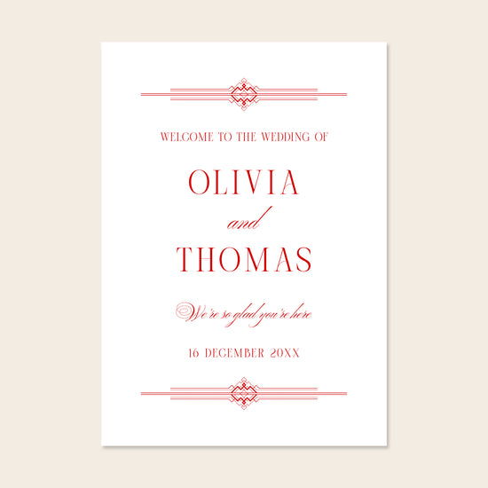 Minimal red and white wedding welcome sign template on a plain background for printable stationery listings.