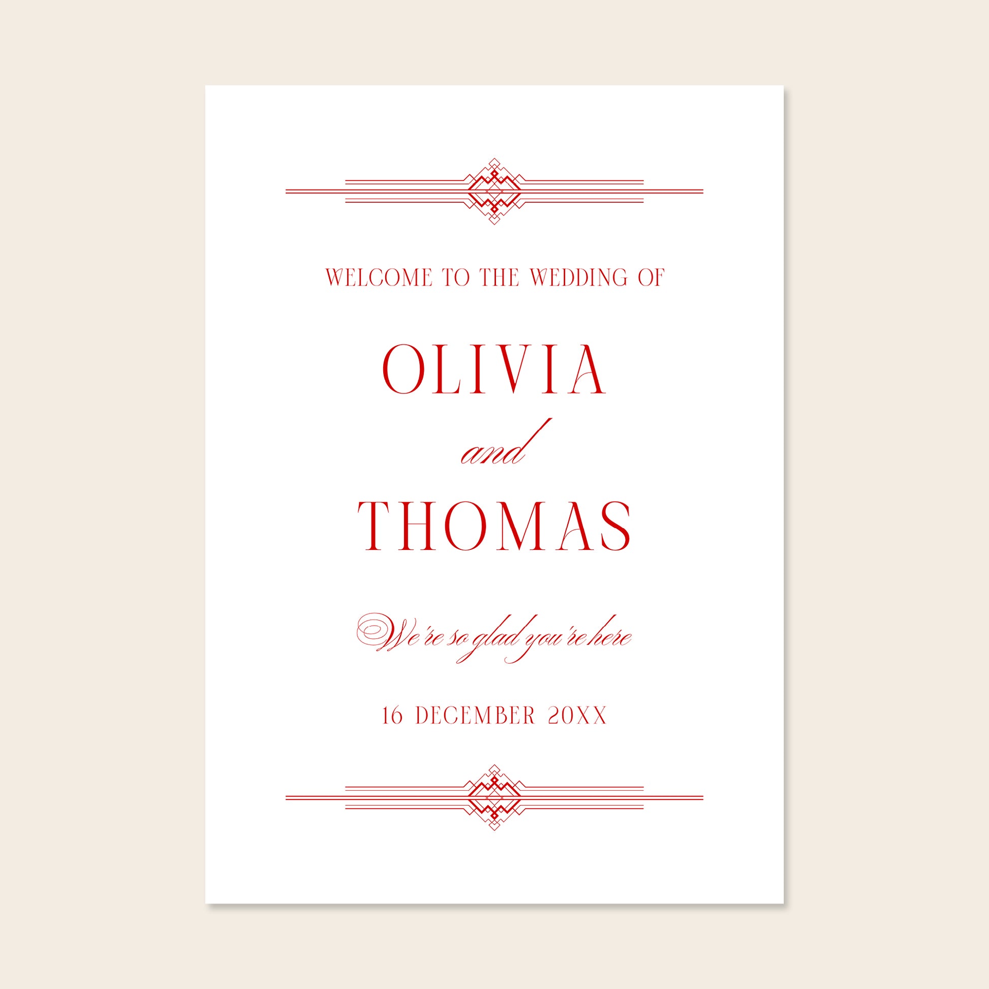 Minimal red and white wedding welcome sign template on a plain background for printable stationery listings.