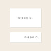 Two place card templates shown in horizontal and slim rectangular layouts on a beige background.