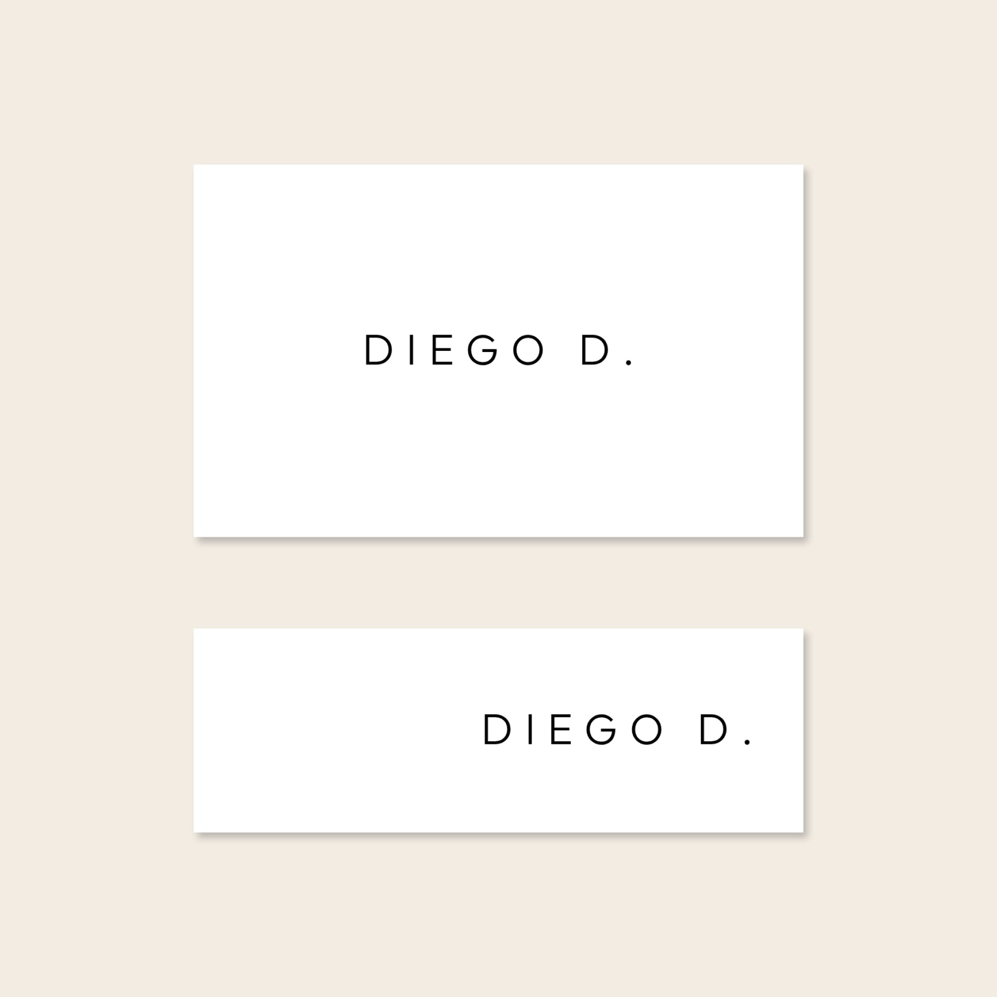 Two place card templates shown in horizontal and slim rectangular layouts on a beige background.
