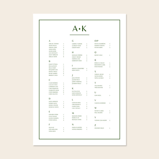 Wedding alphabetical table seating plan template design on a beige background.