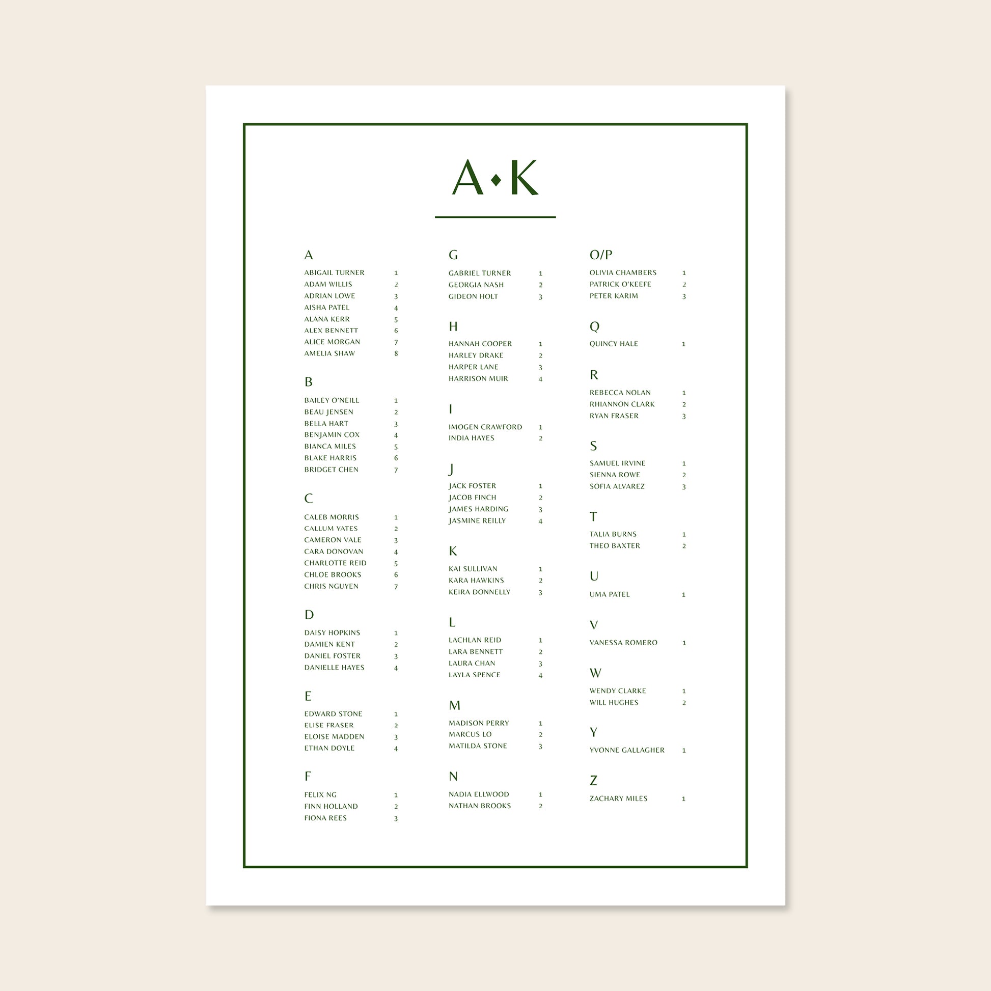 Wedding alphabetical table seating plan template design on a beige background.