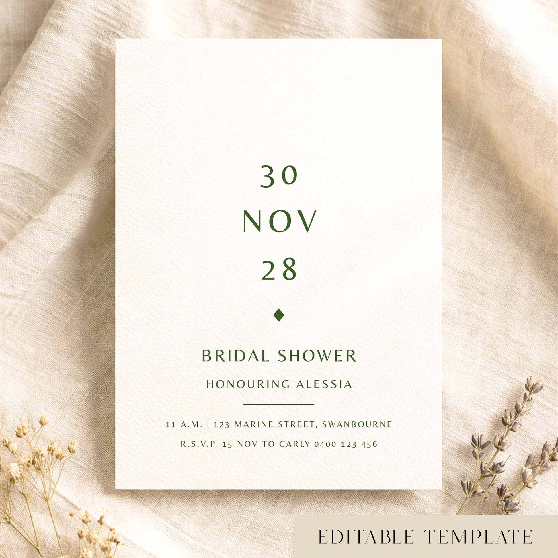 Minimal bridal shower invitation card on textured card on fabric background.
