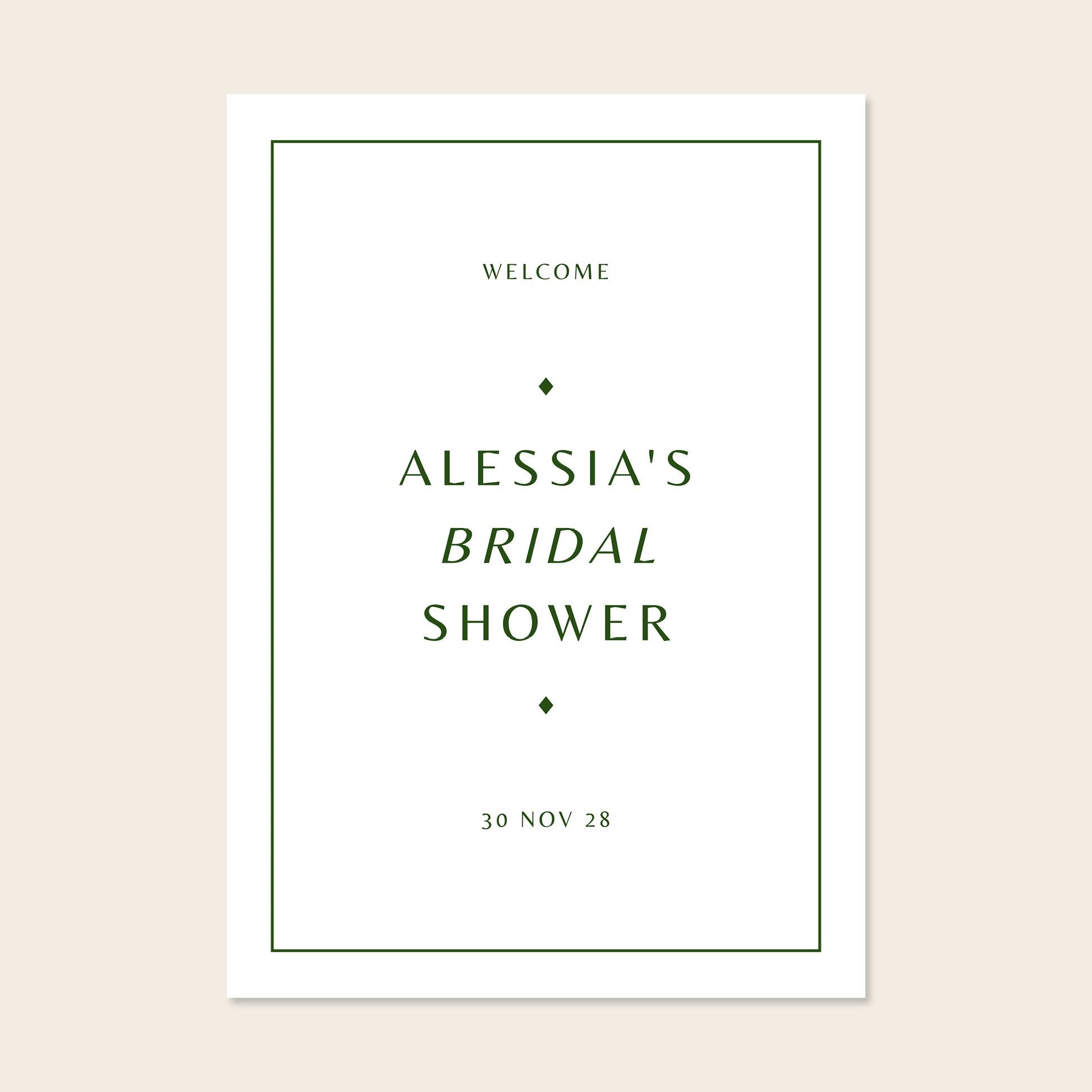 Minimal bridal shower welcome sign on a beige background.