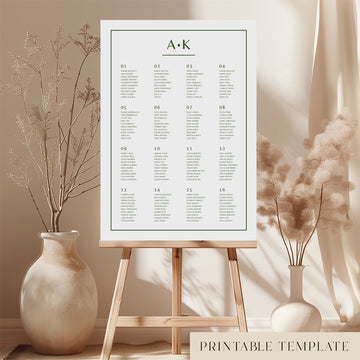 Printable modern wedding seating chart sign on an easel with floral arrangements in a room setting.