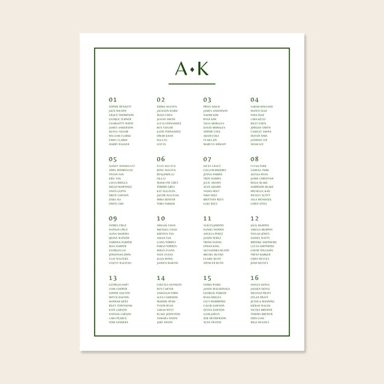 Wedding seating plan template design on a beige background.