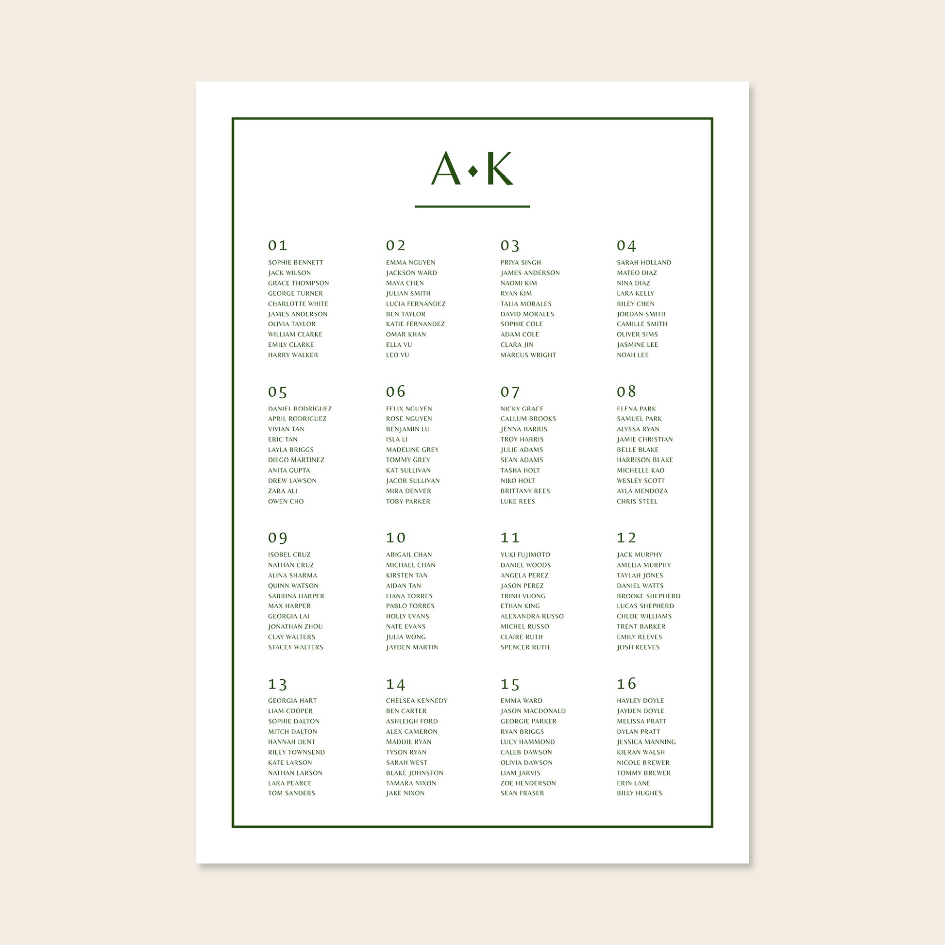 Wedding seating plan template design on a beige background.