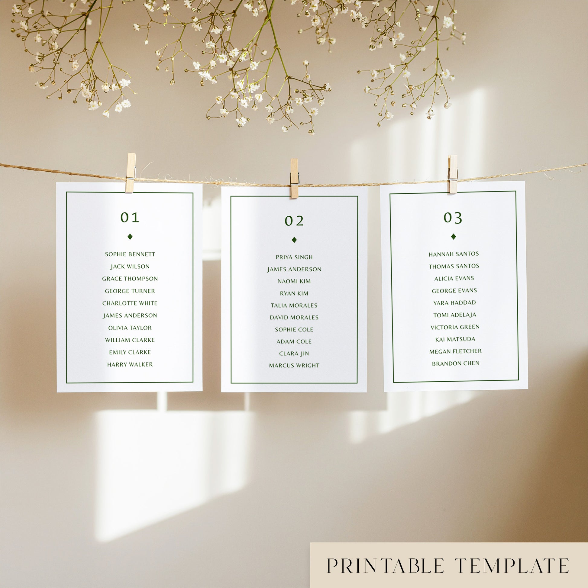 Three white seating chart cards with printed names, clipped to a string with pegs, against a neutral background.