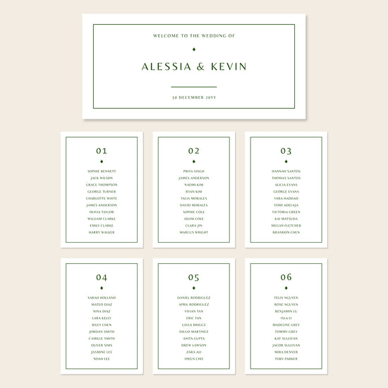 Printable seating chart cards template design with names and title on a beige background.
