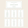 Printable seating chart cards template design with names and title on a beige background.