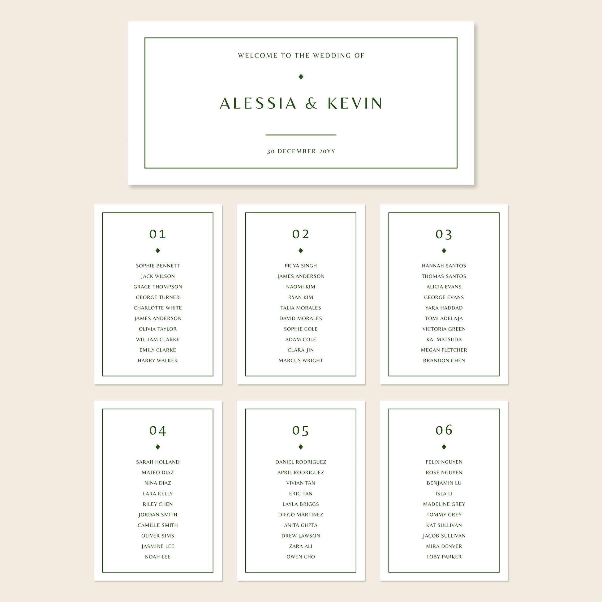 Printable seating chart cards template design with names and title on a beige background.