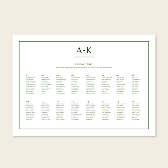 Horizontal wedding long tables seating chart template design on a beige background.