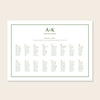 Horizontal wedding long tables seating chart template design on a beige background.