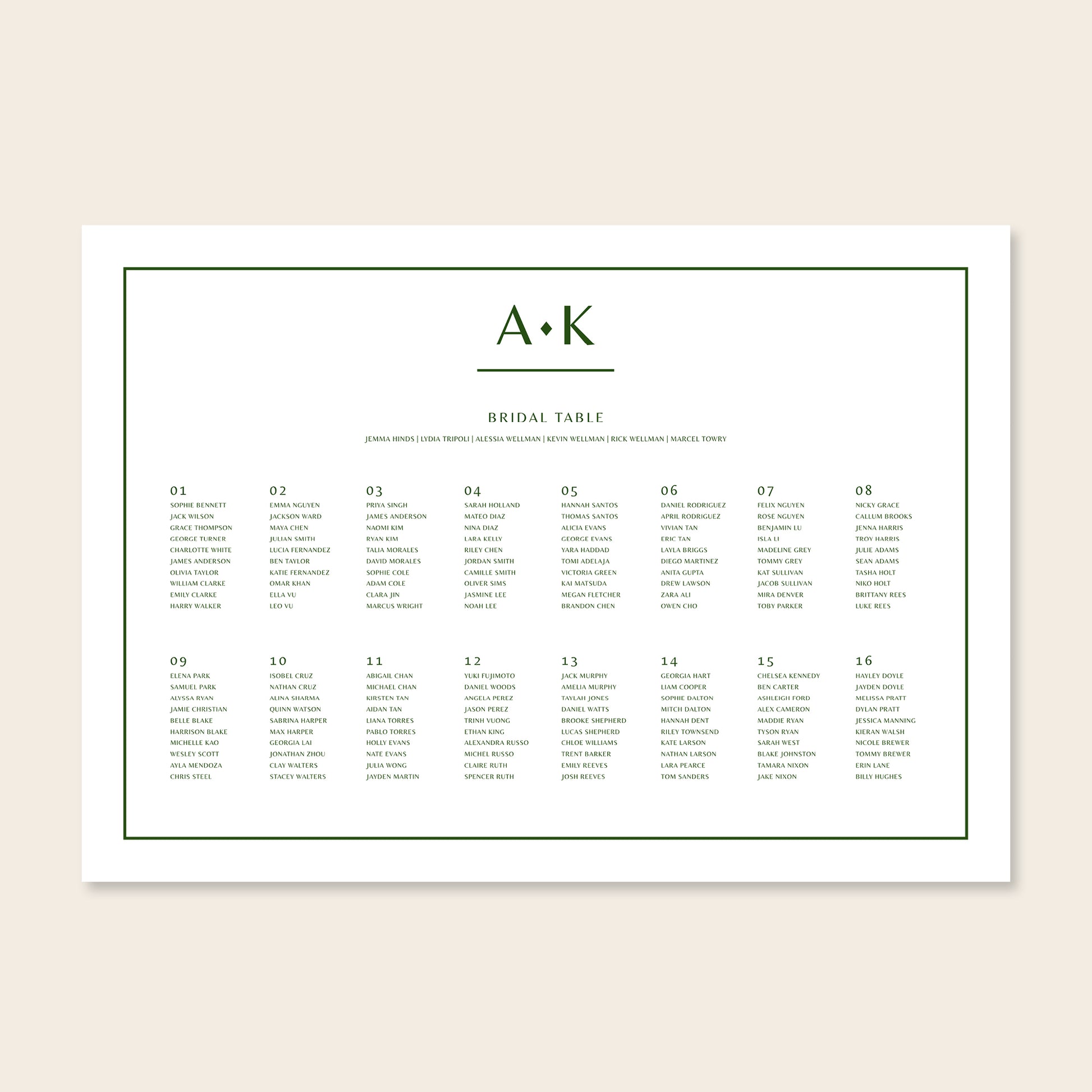 Horizontal wedding long tables seating chart template design on a beige background.