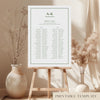 Printable modern wedding seating chart sign for long tables on an easel with floral arrangements in a room setting.