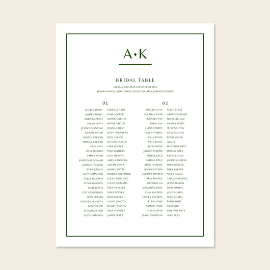 Wedding seating plan template design on a beige background.