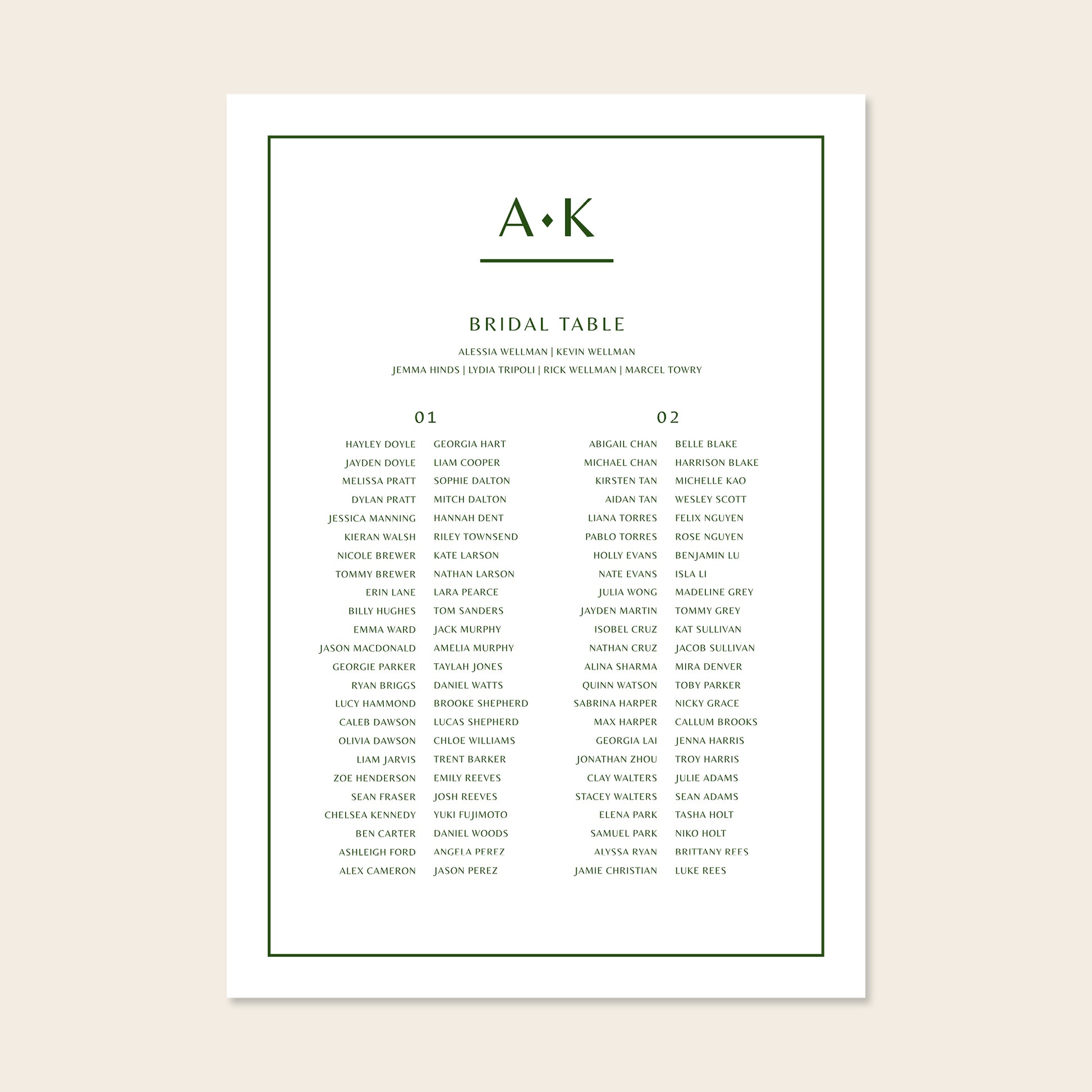 Wedding seating plan template design on a beige background.
