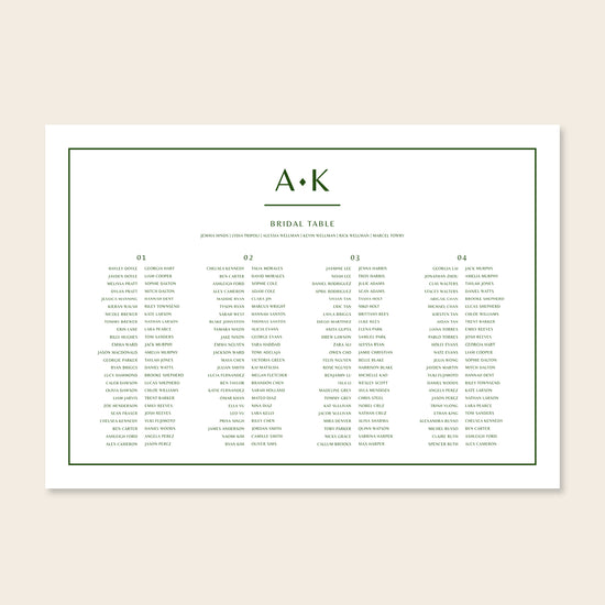 Horizontal wedding long tables seating chart template design on a beige background.