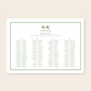 Horizontal wedding long tables seating chart template design on a beige background.