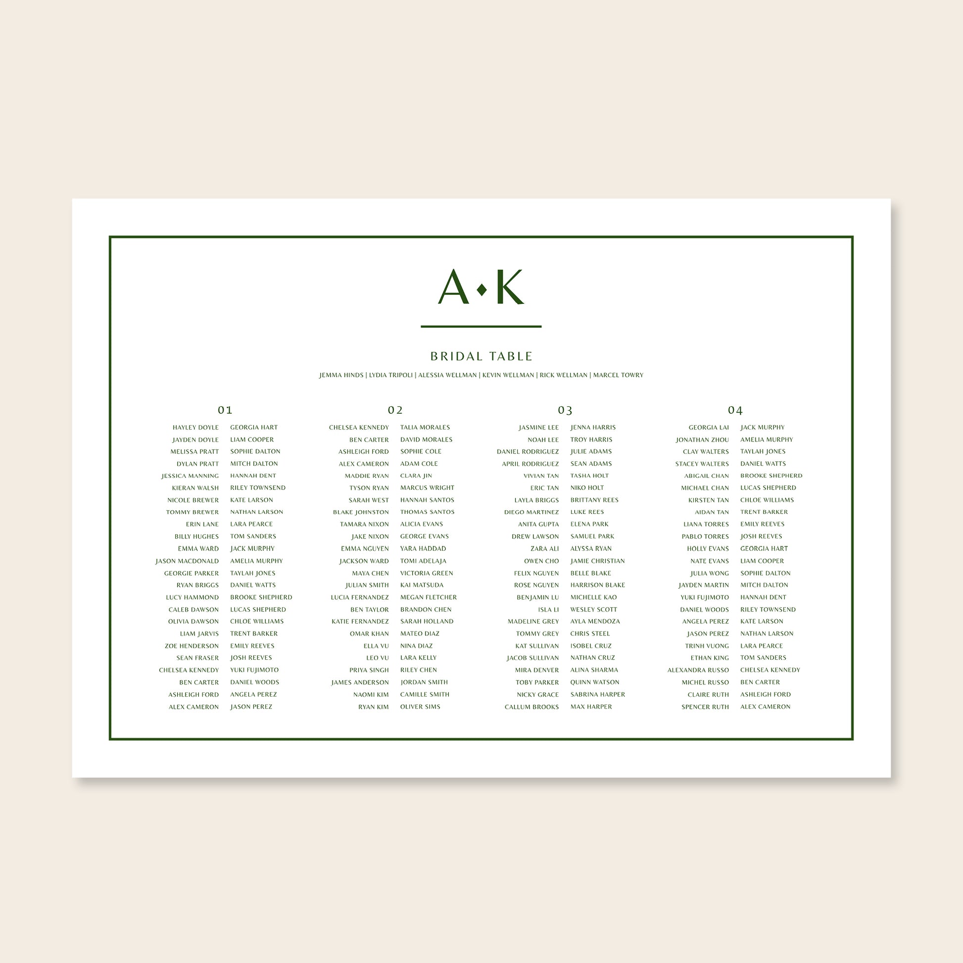 Horizontal wedding long tables seating chart template design on a beige background.