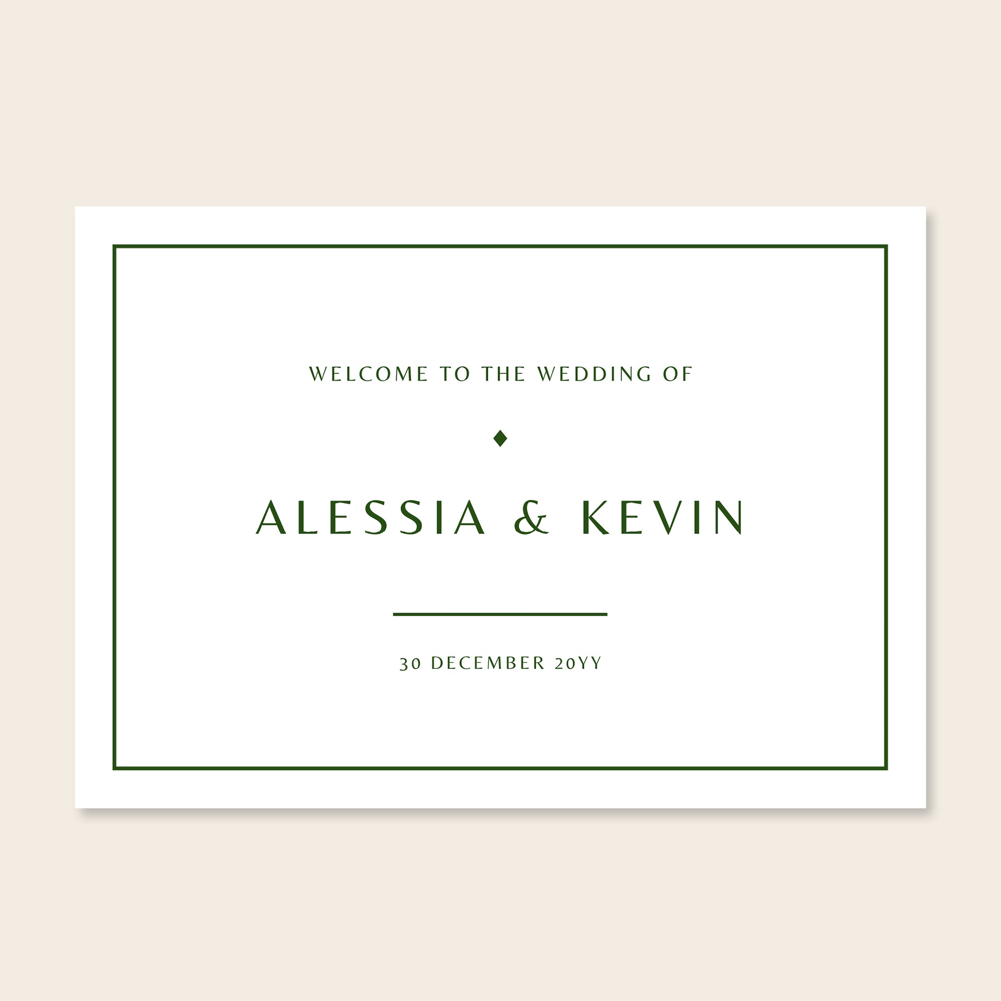 Horizontal wedding welcome sign template design on a beige background.