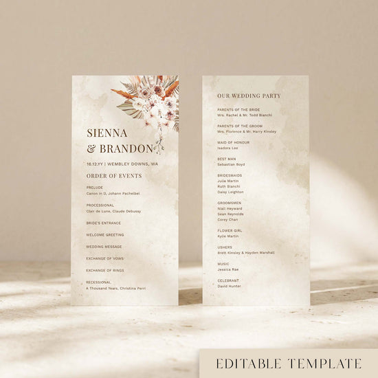 Boho DL wedding ceremony program template showing front and back, with dried floral illustration featuring pampas grass, roses and ferns on a warm watercolour background.
